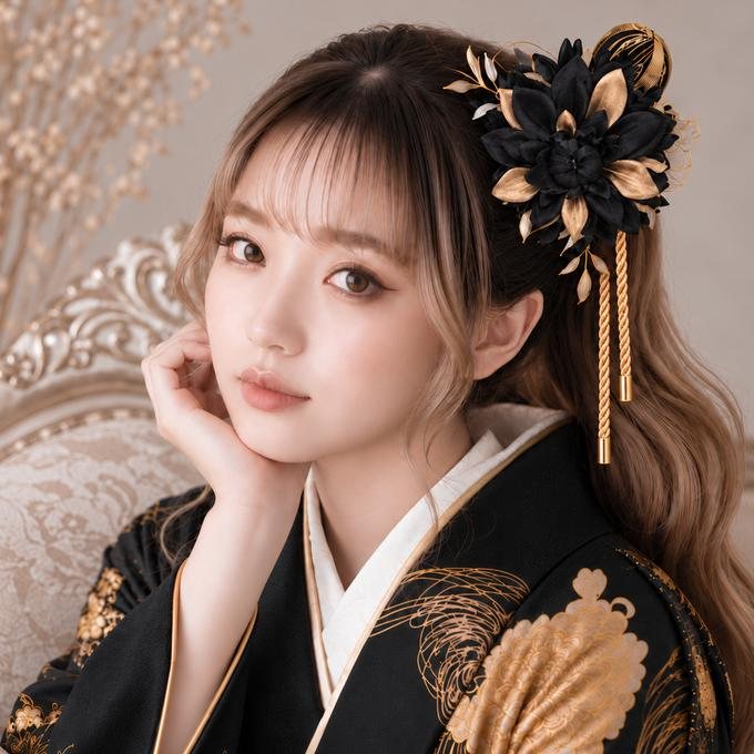黒い花の髪飾りと黒い振袖の女性